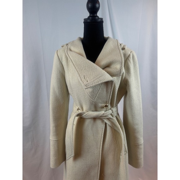Chic Cream Textured Double Breasted Belted Trench Coat Women's Large - Picture 2 of 14